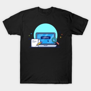 Laptop, Magnifying Glass, Paper And Pencil Cartoon T-Shirt